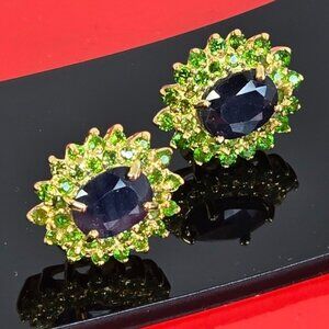 925 Sterling Silver Earrings with Natural Sapphire 6x8mm & Chrome Diopside Gems